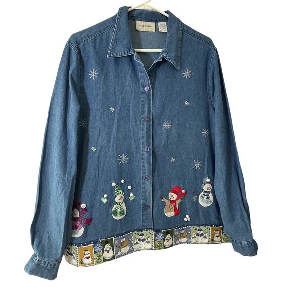 Lemon Grass Tops - Vintage 90’s Lemon Grass Christmas Denim Shirt Top Snowman Sz Large